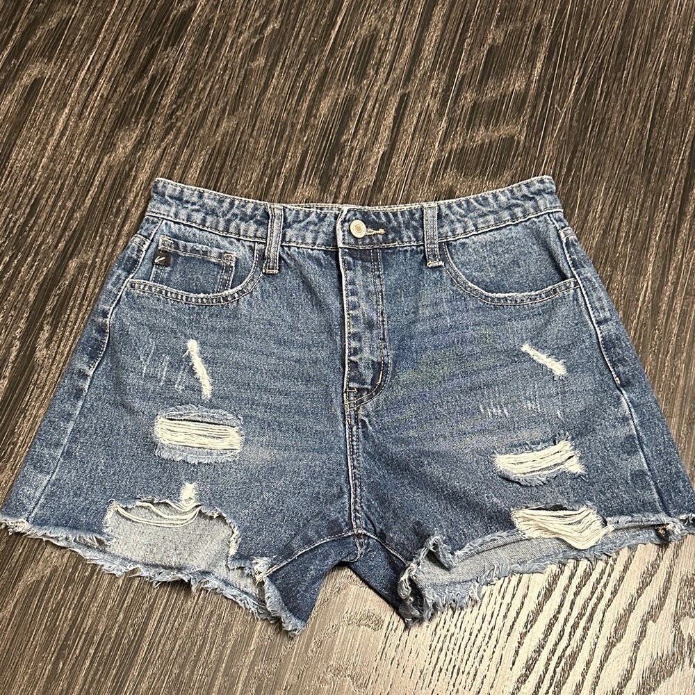 KanCan Dark Blue Distressed Raw Hem Jean Shorts, Size 28